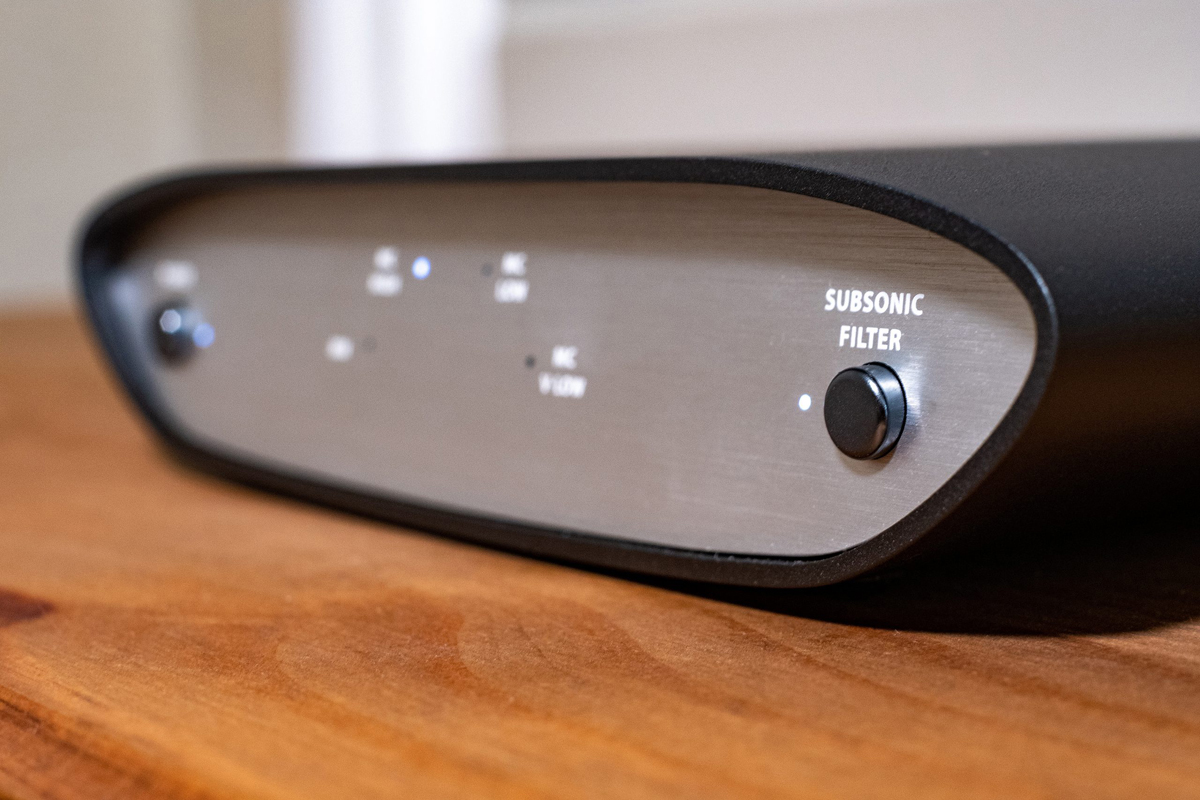 The ZEN Phono’s front panel sports a ‘subsonic filter’ button, as well as LEDs to indicate the selected gain setting

