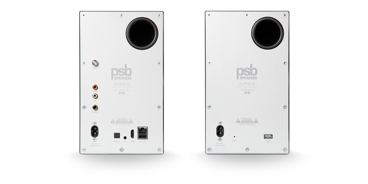 Pair of white Alpha iQ speakers from rear.